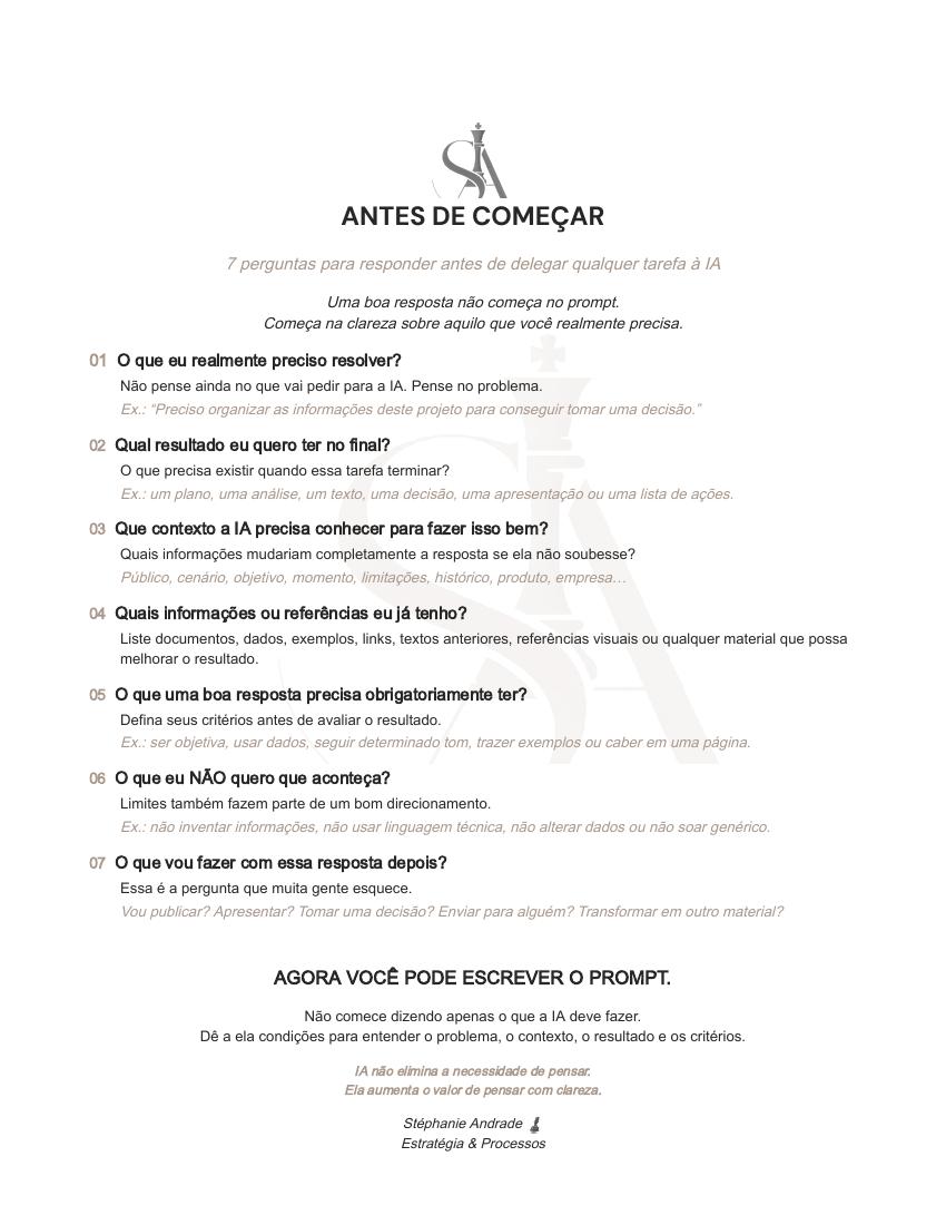 Prévia do material Antes de Começar, com as sete perguntas e a identidade original de Stéphanie Andrade